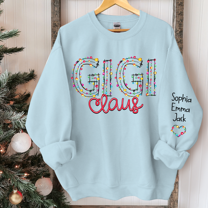 Personalized Gigi Claus Christmas lights And Grandkids Christmas Merry Sweatshirt