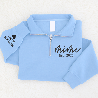 Mimi est Sweatshirt, Grandma And Grandkids Embroidered Quarter Zip Sweater