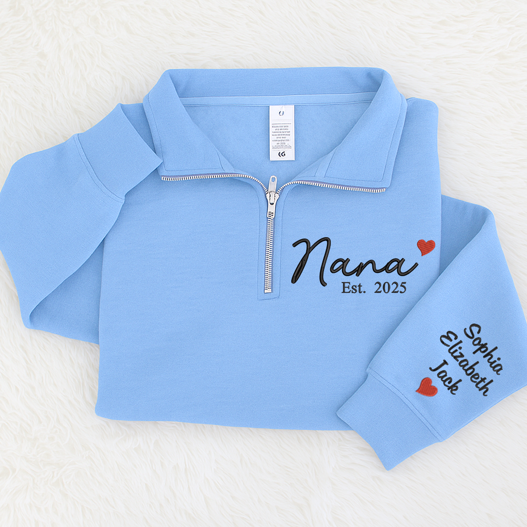 Nana Heart Sweatshirt, Personalized Nana And Grandkids Embroidered Quarter Zip Sweater