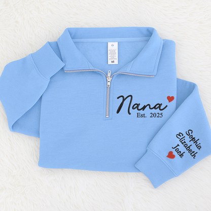 Nana Heart Sweatshirt, Personalized Nana And Grandkids Embroidered Quarter Zip Sweater