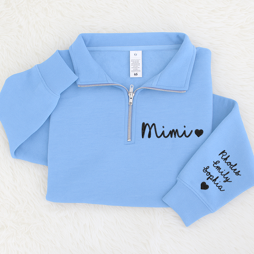 Personalized Mimi Heart Sweatshirt, Mimi And Grandkids Embroidered Quarter Zip Sweater