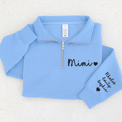 Personalized Mimi Heart Sweatshirt, Mimi And Grandkids Embroidered Quarter Zip Sweater