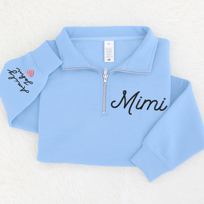 Mimi heart Pink Sweatshirt, Mimi And Grandkids Embroidered Quarter Zip Sweater