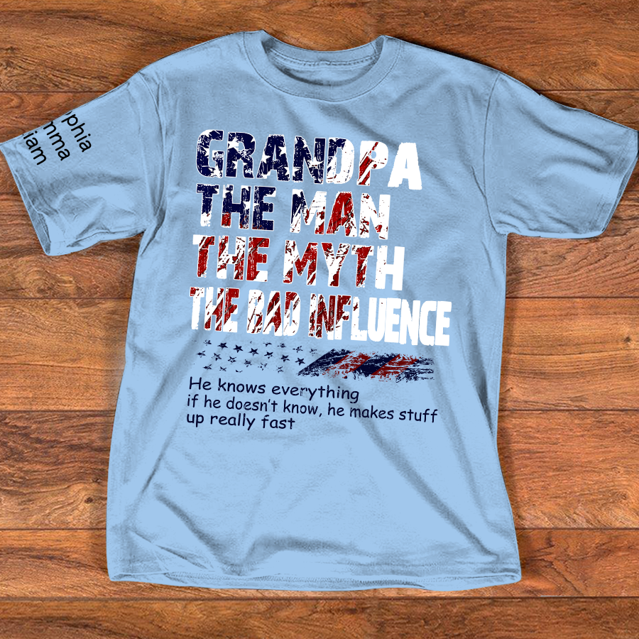 Personalized Papa The Man The Myth The Bad Influence Shirt, Custom Nickname Patriotic USA Flag Tee for Dad Grandpa Poppy, 4th of July Family Shirt Gift