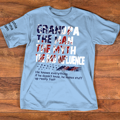 Personalized Papa The Man The Myth The Bad Influence Shirt, Custom Nickname Patriotic USA Flag Tee for Dad Grandpa Poppy, 4th of July Family Shirt Gift