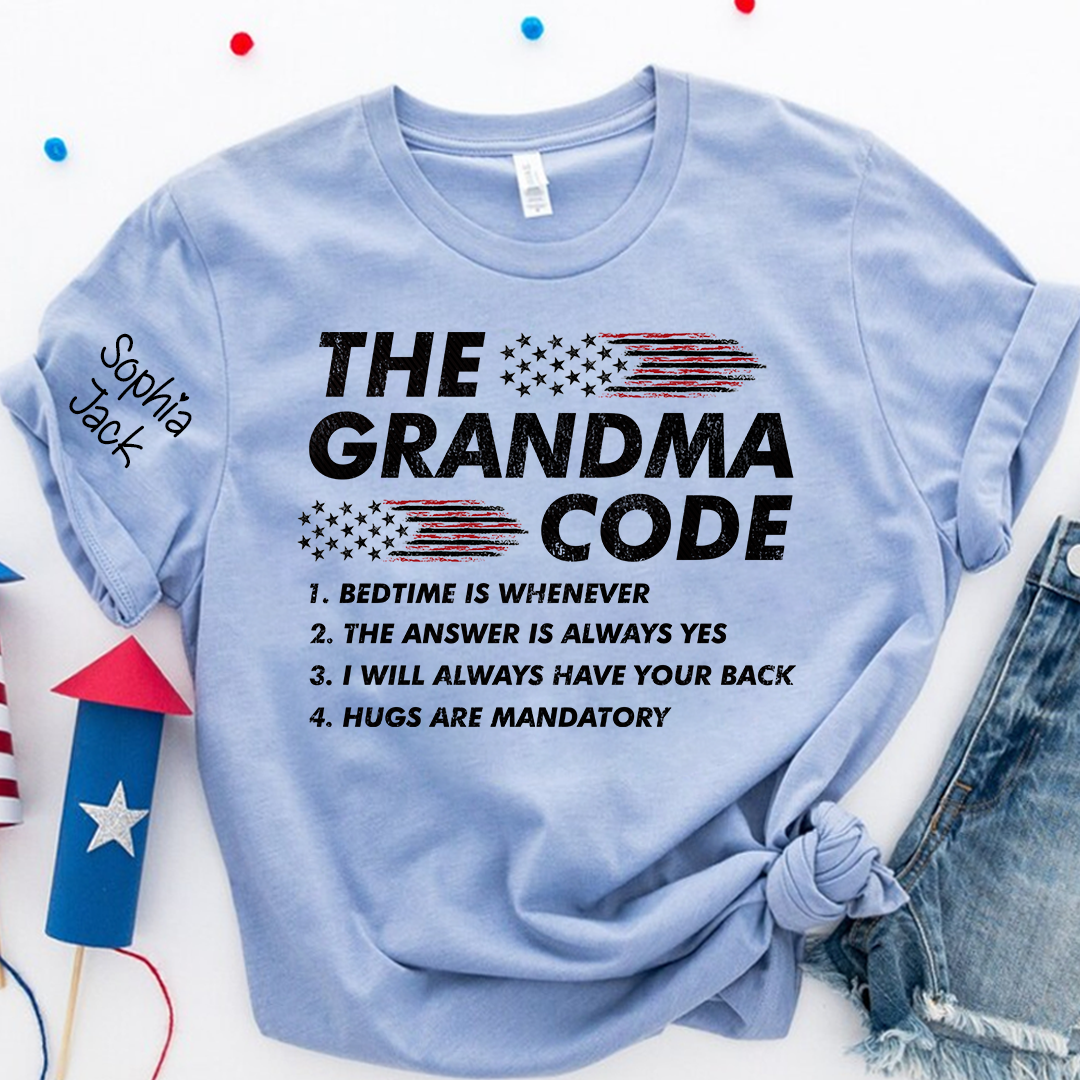 Personalized American Flag 'The Grandma Code' T-Shirt – Custom Mimi, Gigi, Nana Shirts, Fun Gift for Grandparents, Perfect for Mother’s Day and Birthdays