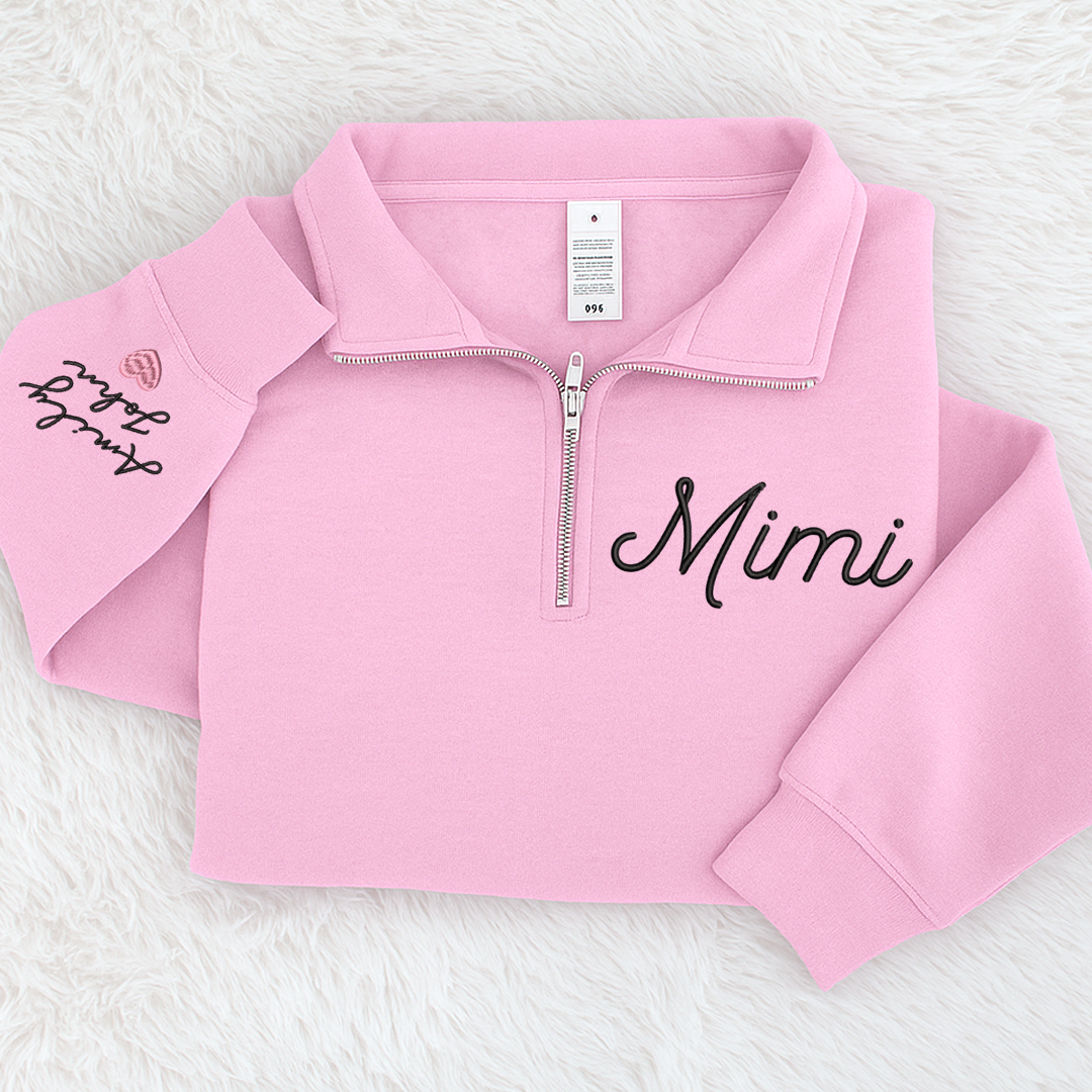 Mimi heart Pink Sweatshirt, Mimi And Grandkids Embroidered Quarter Zip Sweater