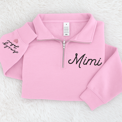 Mimi heart Pink Sweatshirt, Mimi And Grandkids Embroidered Quarter Zip Sweater