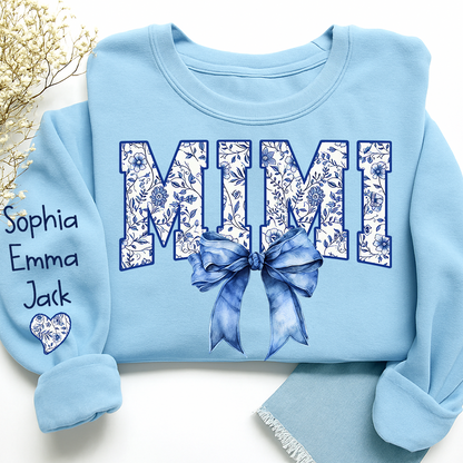 Mimi Floral Toile Blue Water Color Coquette Bow Gift For Grandma And Grandkids Sweatshirt