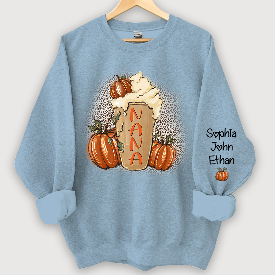 Personalized Nana Latte With Pumpkin Grandkids Fall Latte Coffie Sweatshirt