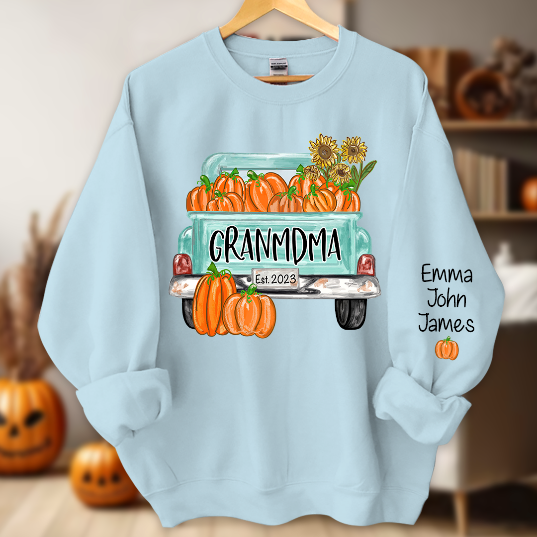 Grandma Truck with Pumpkins Flower Autumn And Grandkids Sweatshirt