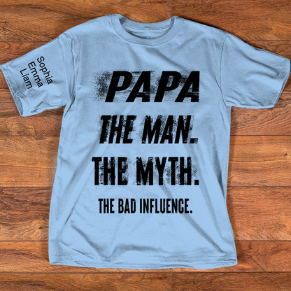 Personalized Papa Shirt with Kids Names, The Man Myth Bad Influence Grandpa Tee, Fathers Day Birthday Christmas Gift