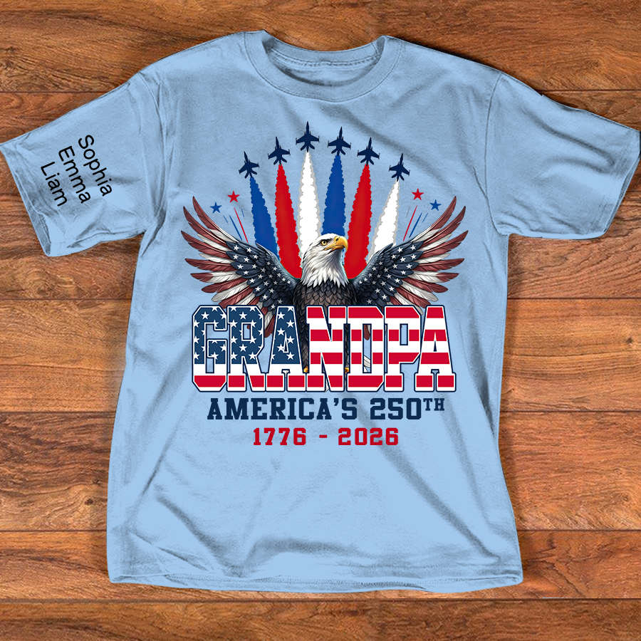 Personalized Grandpa America's 250th Anniversary Shirt Custom Kids Names on Sleeve, Patriotic Eagle Independence Day Shirt, U.S. 250th Anniversary Apparel