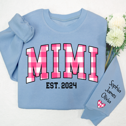 Custom Nickname Mimi Buffalo Plaid Pink And GrandKids Names Christmas 2024 Sweatshirt