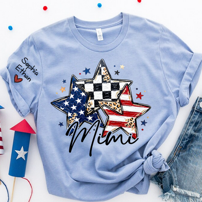 Personalized American Flag Star T-Shirt – Custom Mimi, Gigi, Nana Shirts, Fun Patriotic Gift for Grandparents, Perfect for Mother’s Day, Independence Day, and Birthdays
