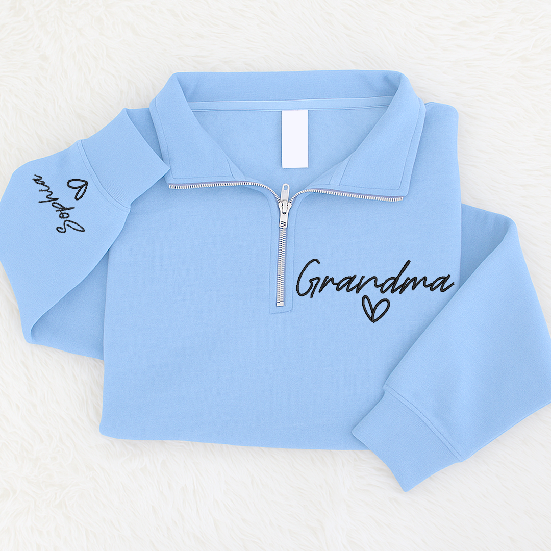 Custom Embroidered Grandma heart Sweatshirt And Grandkids Quarter Zip Sweater