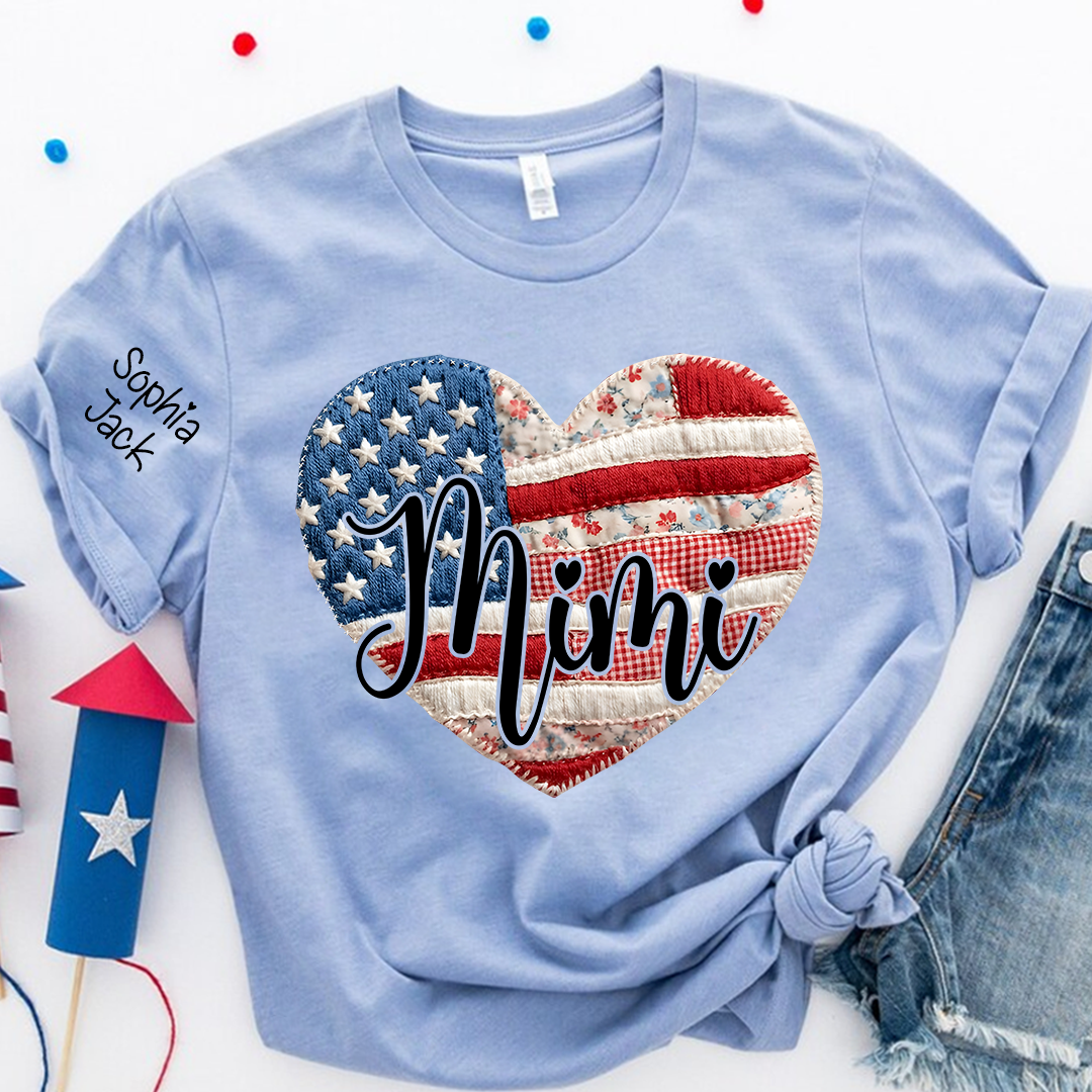 Custom Heart Flag T-Shirt, Personalized American Flag Design for Mimi, Gigi, Grandma, Nana, Patriotic Shirt for Mother's Day, Independence Day, and Birthday Gifts