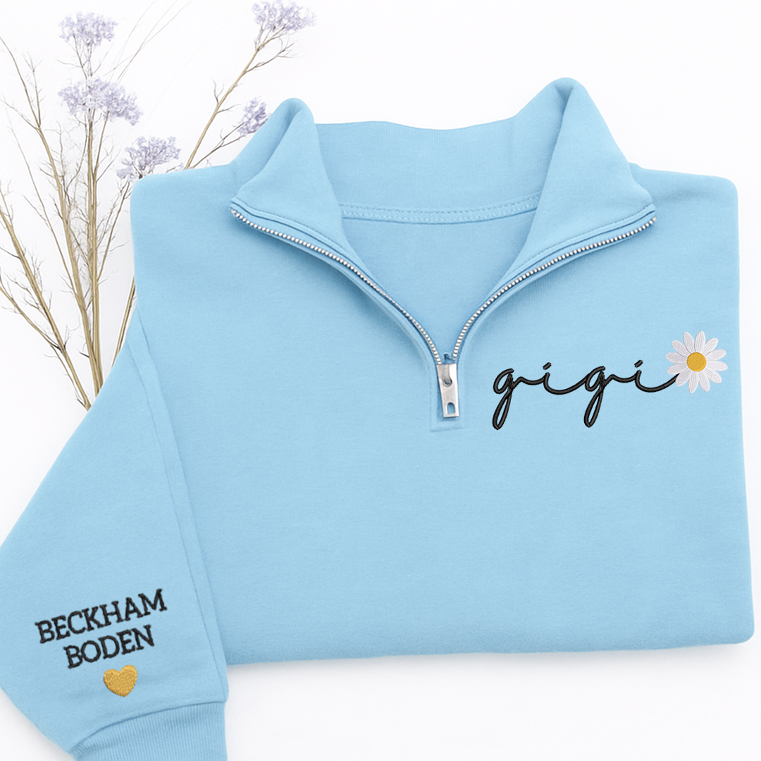 Custom Embroidered Gigi daisy flower Sweatshirt And Grandkids Quarter Zip Sweater