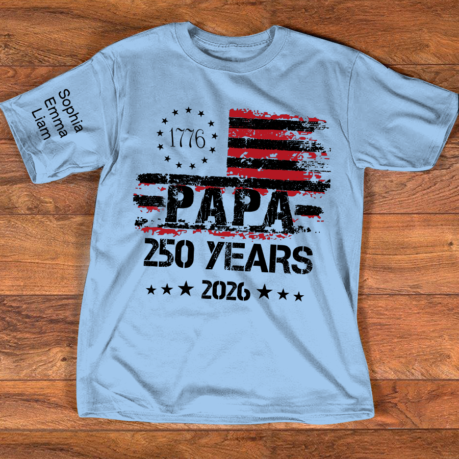 Personalized Papa 250 Years Shirt Custom Kids Names Sleeve, Patriotic American Flag Family T Shirt for 4th of July, Fathers Day Gift for Dad Grandpa, U.S. 250th Anniversary 2026