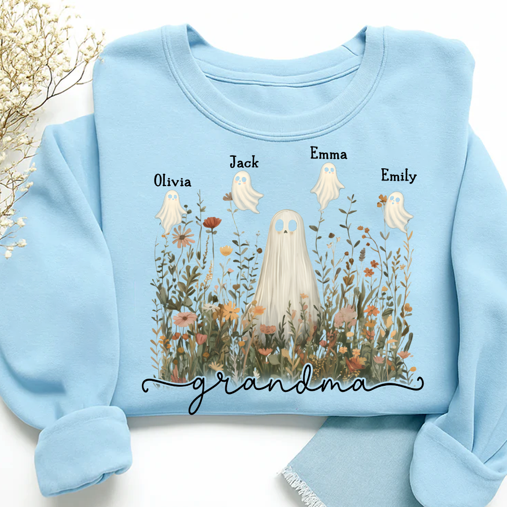 Grandma Cute Ghost in Wildflowers Halloween And Grandkids Sweatshirt