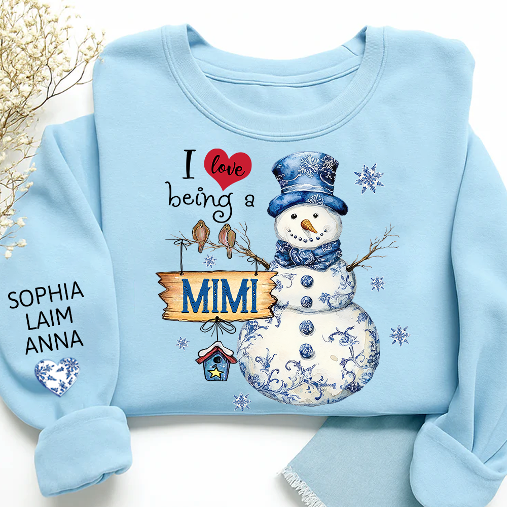 Personalized I Love Being a Mimi Snowman blue toile Sweatshirt and Grandkids Name Winter Design