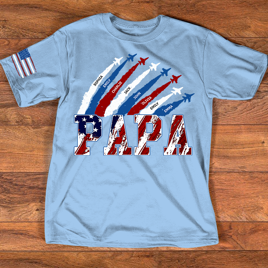 Personalized Papa Airplane Shirt, Custom Kids Names Patriotic T Shirt for Papa, 4th of July American Flag Family Gift