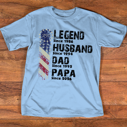 Personalized Legend Husband Dad Papa Shirt Since Year Custom Name Patriotic USA Flag, U.S. 250th Anniversary Family Gift for Men Fathers Day Birthday
