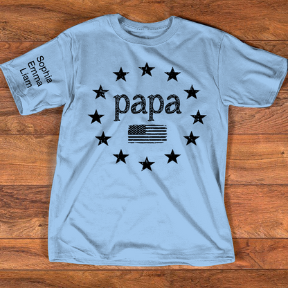 Personalized Papa American Flag Shirt with Kids Names on Sleeve, Custom Grandpa Patriotic Tee for Father’s Day, Gift for Papa Dad Grandfather