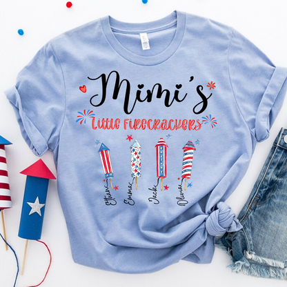 Personalized Mimi's Little Firecrackers T-shirt with Patriotic Fireworks Design, Grandma Gigi Mama Mimi Shirt for 4th of July, Patriotic Gift for Mother's Day
