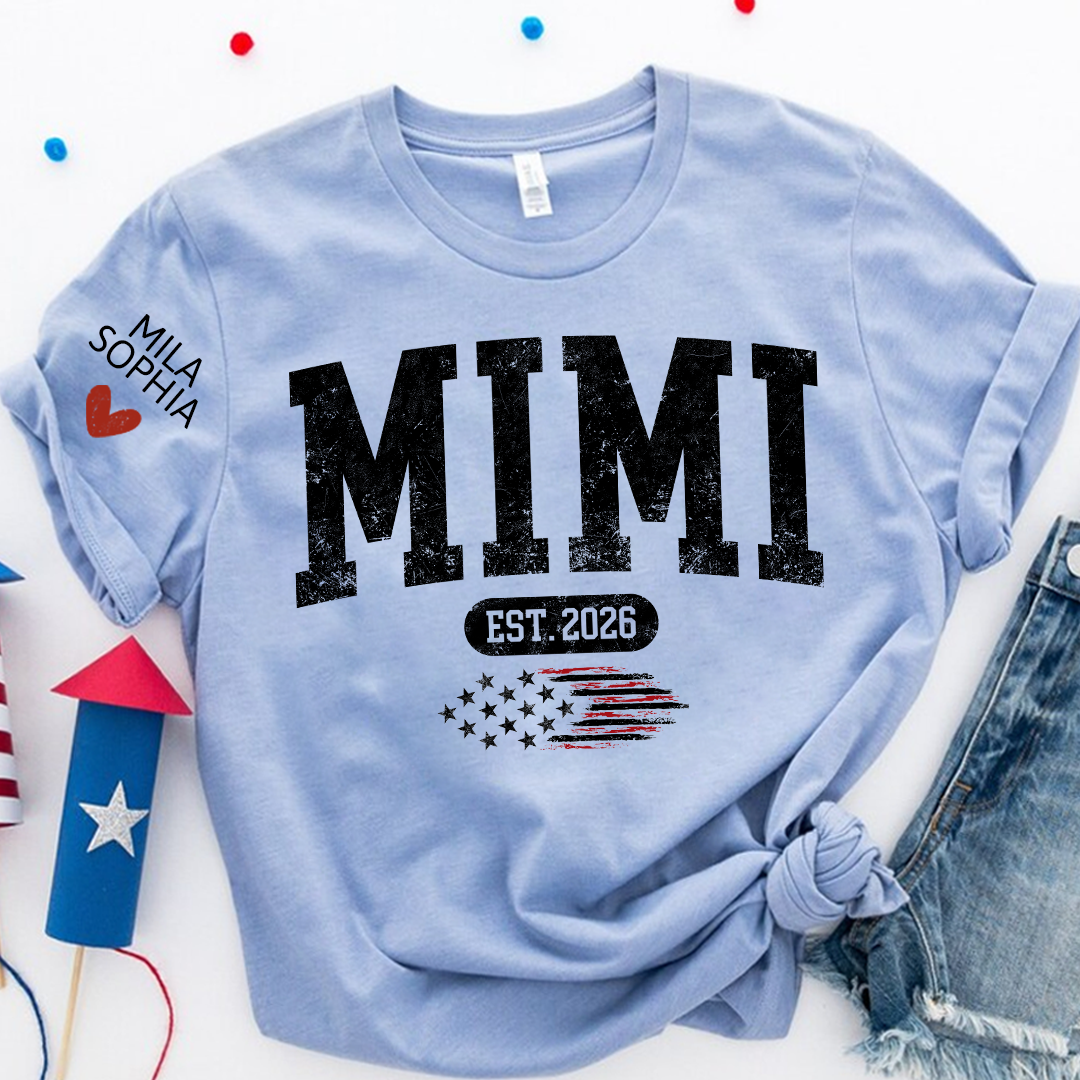 Personalized Mimi EST American Flag T-Shirt – Custom Mimi, Gigi, Nana Shirts, Patriotic Gift for Grandparents, Perfect for Mother’s Day and Birthdays