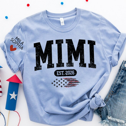 Personalized Mimi EST American Flag T-Shirt – Custom Mimi, Gigi, Nana Shirts, Patriotic Gift for Grandparents, Perfect for Mother’s Day and Birthdays