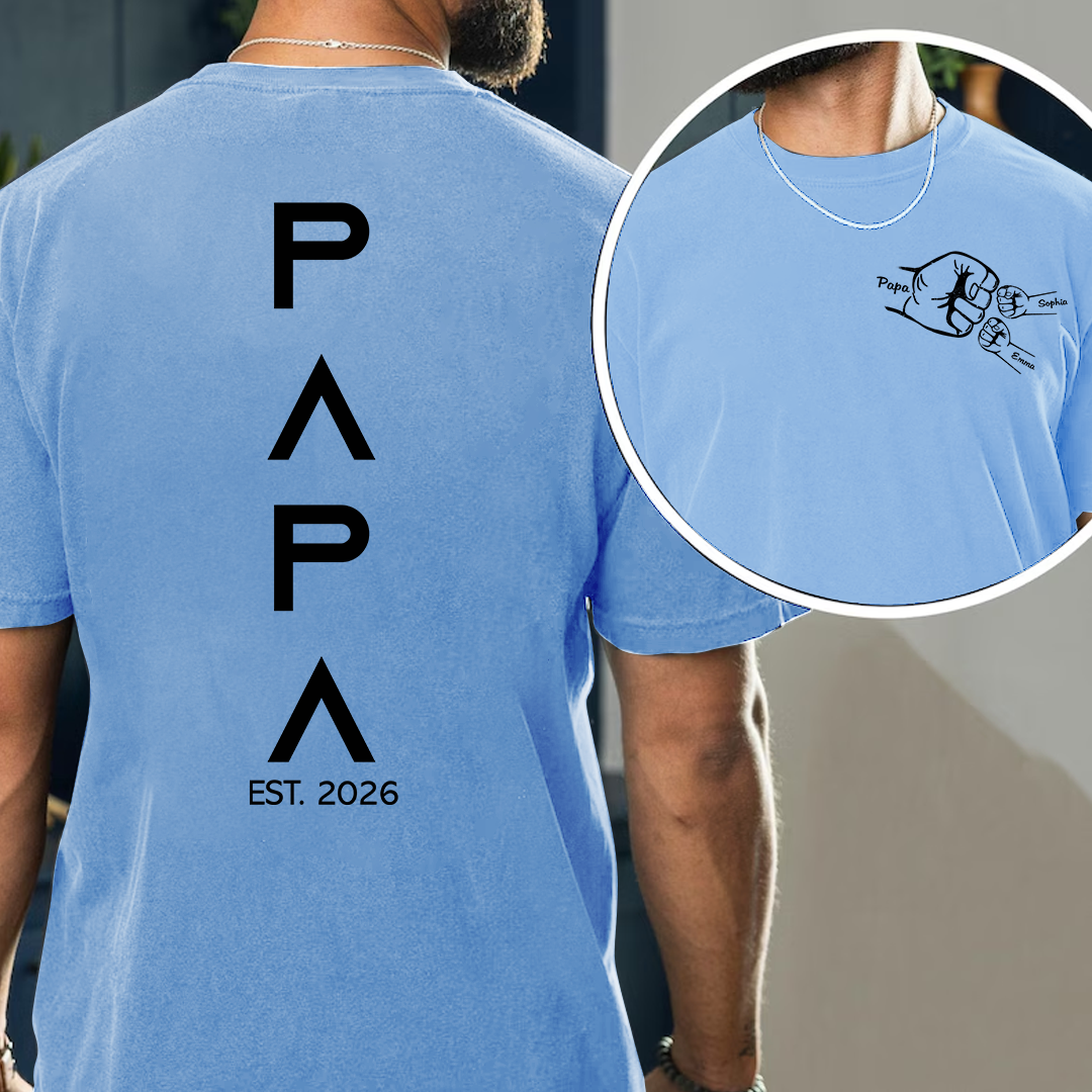Personalized Papa Fist Bump Shirt with Kids Names, Custom Grandpa Back Print Shirt, Minimalist Papa Year Family Shirt for Fathers Day Birthday Gift