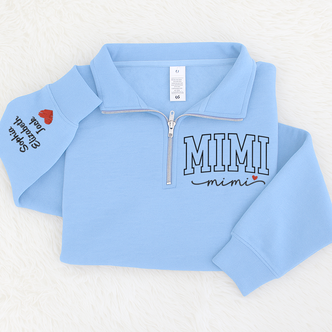 Personalized Mimi Sweatshirt, Mimi Heart And Grandkids Embroidered Quarter Zip Sweater