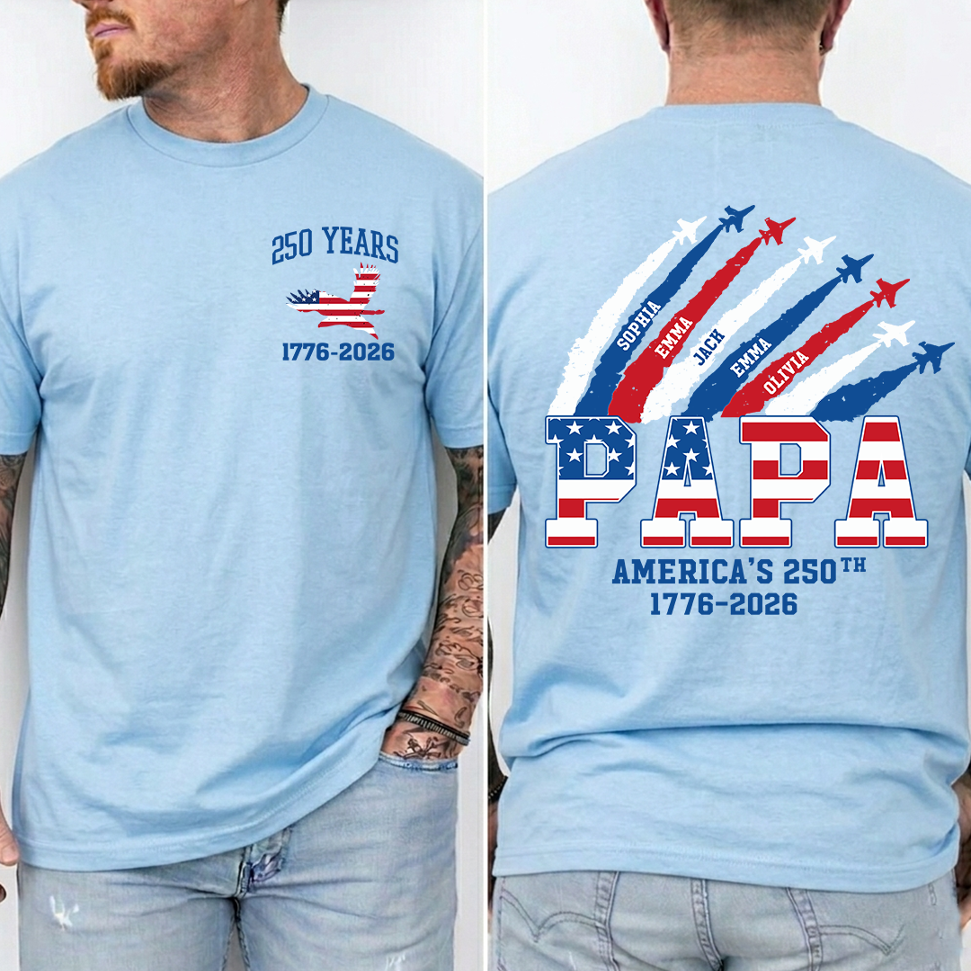 Personalized Papa 250 Years Shirt, Custom Kids Names Airplane Shirt, Patriotic American Flag Papa Tee, Grandpa Fathers Day Shirt, 4th of July Family Gift 1776 2026