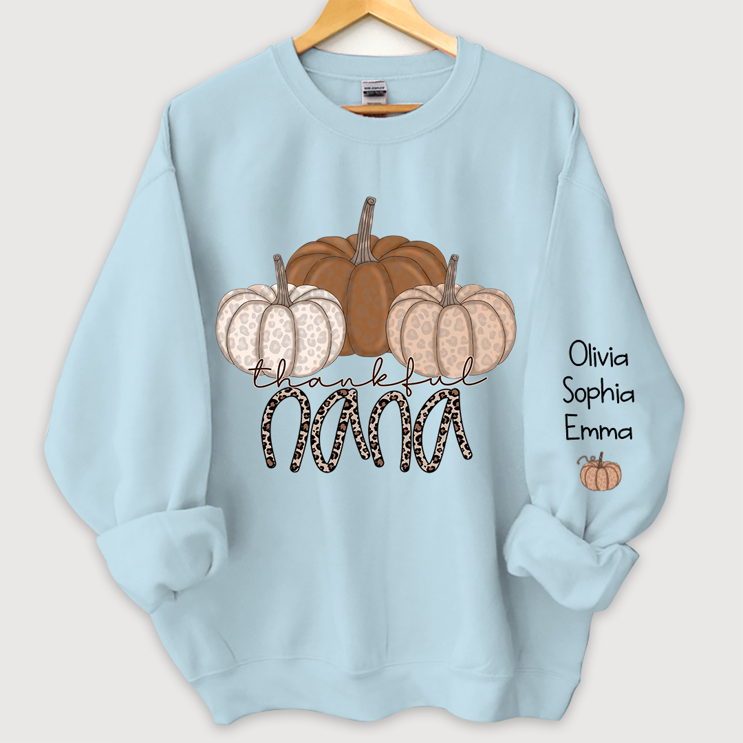 Thankful Nana Pumpkin Leopard and Grandkids on sleeve Sweatshirt