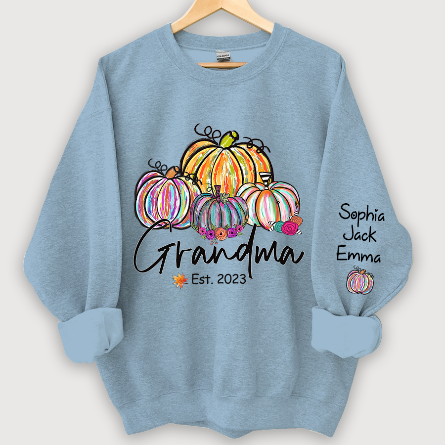 Personalized Grandma Est Painted Color Pumpkin And Grandkids Autumn Sweatshirt