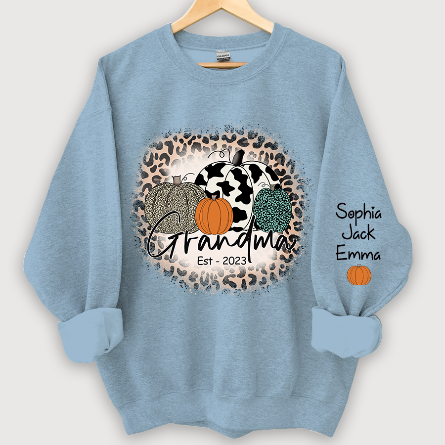 Happy Fall Leopard Pumpkin Grandma Est And Grandkids Autumn Sweatshirt