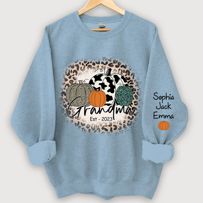 Happy Fall Leopard Pumpkin Grandma Est And Grandkids Autumn Sweatshirt