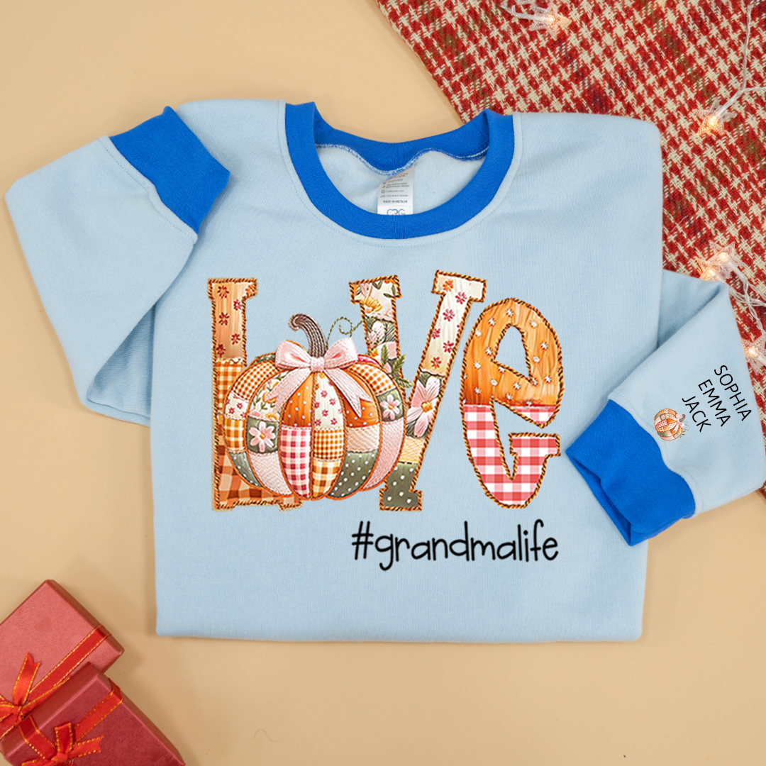 Personalized Love Grandmalife Pumpkin Patchwork Fall with Grandkids Names, Holiday Design, Cozy Family Gift for Grandma Sweatshirt Mix