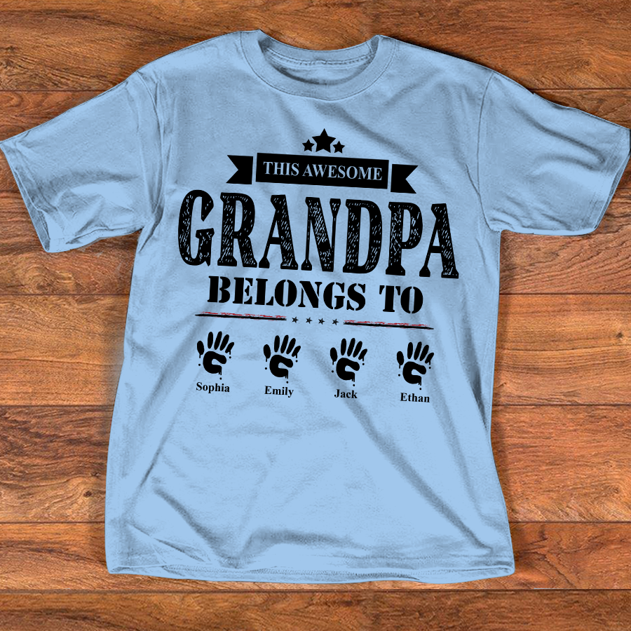 This Awesome Grandpa Belongs to Kids Shirt, Personalized Papa Tee with Kids Names, Patriotic Dad Shirt, Custom Grandpa Gift, 4th of July Family Shirt