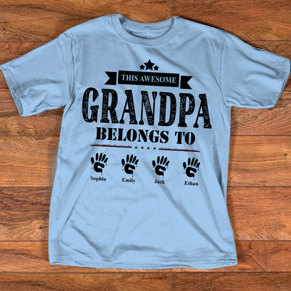 This Awesome Grandpa Belongs to Kids Shirt, Personalized Papa Tee with Kids Names, Patriotic Dad Shirt, Custom Grandpa Gift, 4th of July Family Shirt