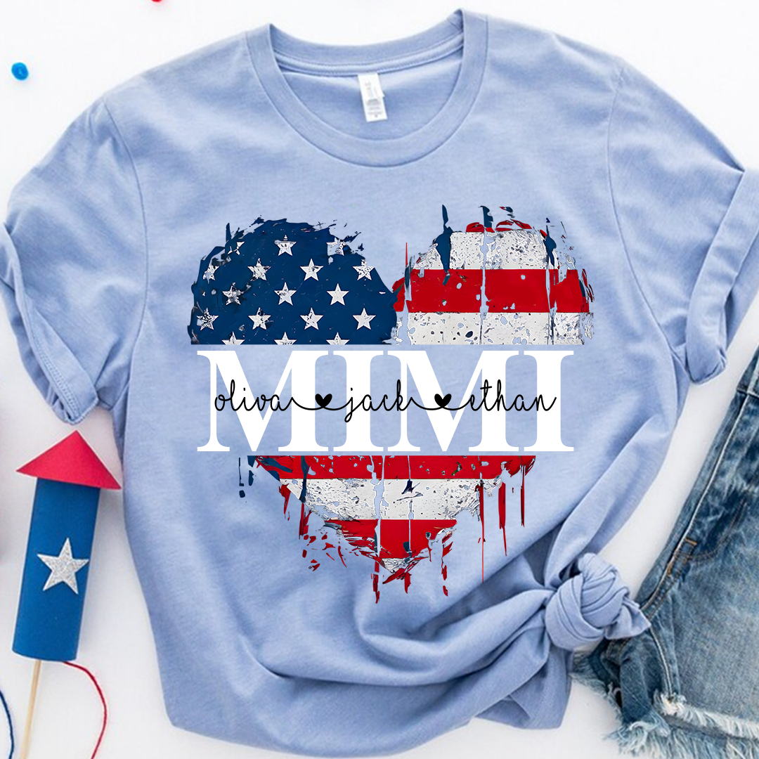 Personalized Mimi's Heart Flag T-shirt with Patriotic Design, Grandma Gigi Mama Mimi Shirt for 4th of July, Patriotic Gift for Mother's Day