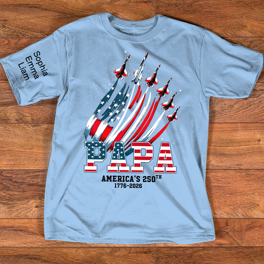 Personalized Papa Patriotic American Flag Shirt with Kids Names, Custom Family Nickname T-Shirt for Dad Fathers Day 4th of July America’s 250th 1776-2026