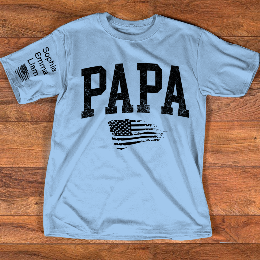 Personalized Papa Shirt with Grandkids Names, Patriotic Flag Custom Sleeve Tee, Fathers Day Birthday Gift for Grandpa