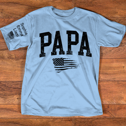 Personalized Papa Shirt with Grandkids Names, Patriotic Flag Custom Sleeve Tee, Fathers Day Birthday Gift for Grandpa