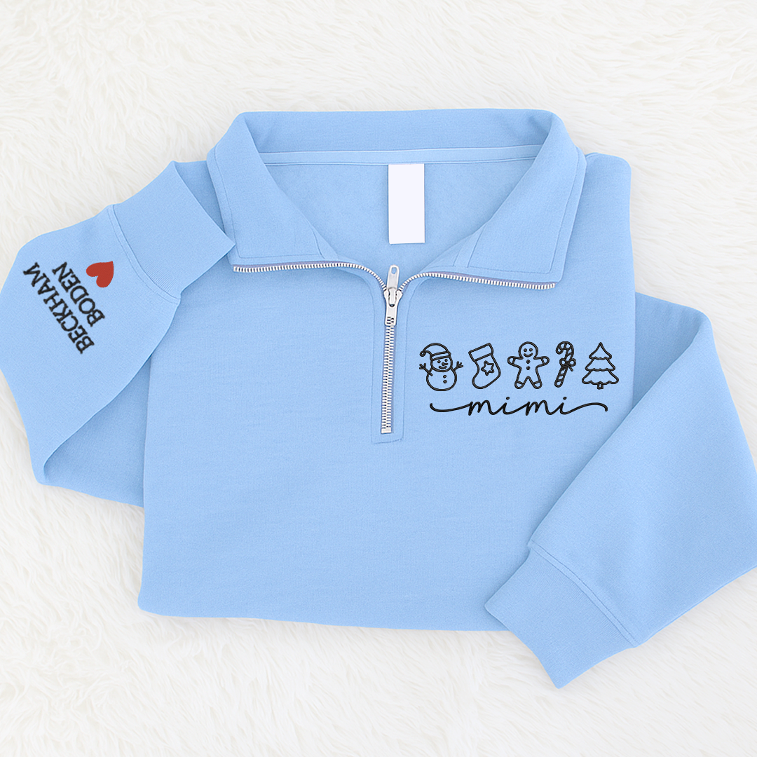 Custom Embroidered Mimi Merry Christmas Design, Gingerbread Sweatshirt And Grandkids Quarter Zip Sweater