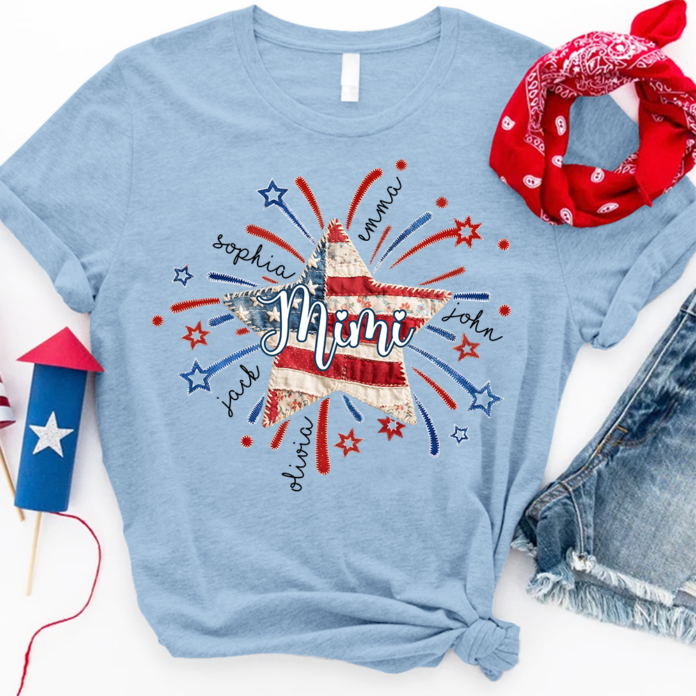 Personalized Mimi Patriotic Patchwork Star Shirt Custom Kids Names, American Flag Fireworks Graphic T Shirt for Grandma Nana Gigi, 4th of July Family Gift
