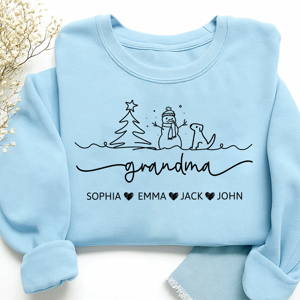 Grandma Snowman Dog Line Drawing And Grandkids Merry Christmas Sweatshirt