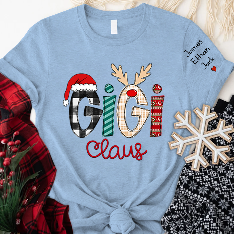 Personalized Gigi Claus Shirt With Names On Sleeve, Custom Grandma Mimi Nana Gigi Claus Christmas T-Shirt