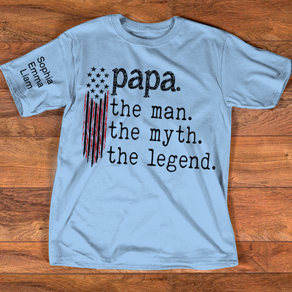 Personalized Papa The Man The Myth The Legend American Flag Shirt with Kids Names, Custom Family Nickname T-Shirt for Dad Fathers Day Gift